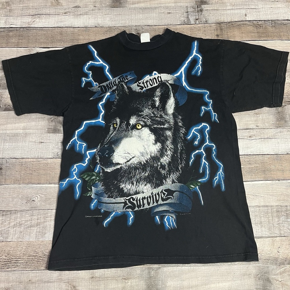 USA Thunder Shirt Size Large Black Vintage Wolf Lighting Only The Strong Survive